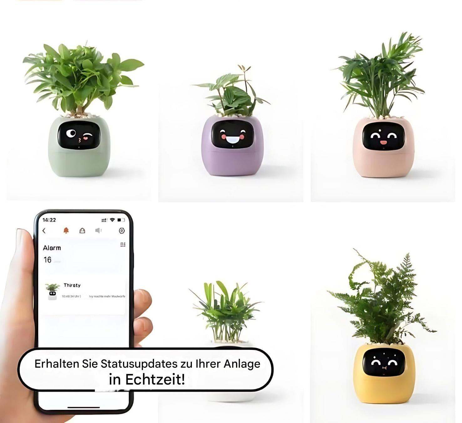 Interaktive smarte Blumentöpfe mit Pflanzen, Status-Updates, verschiedene Farben, moderne Technologie.