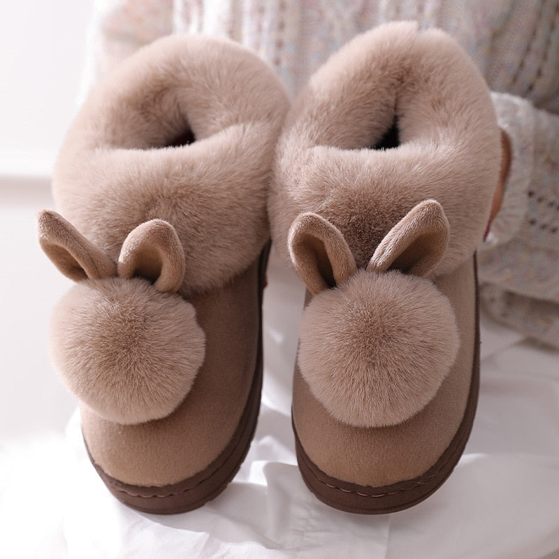 Damen Hausschuhe Plüsch Kaninchenohren Beige Winter Warm Pantoffeln Flauschig