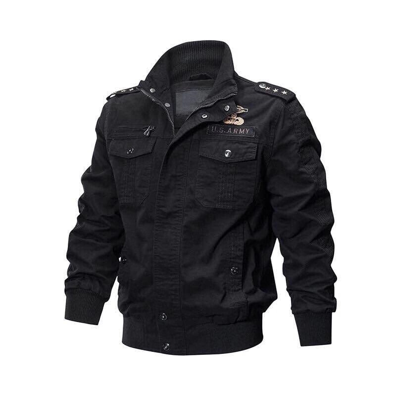 Schwarze Herren-Militärjacke, Baumwolle, US Army Stil, mit Knöpfen und Taschen.