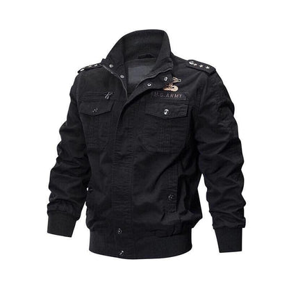 Schwarze Herren-Militärjacke, Baumwolle, US Army Stil, mit Knöpfen und Taschen.