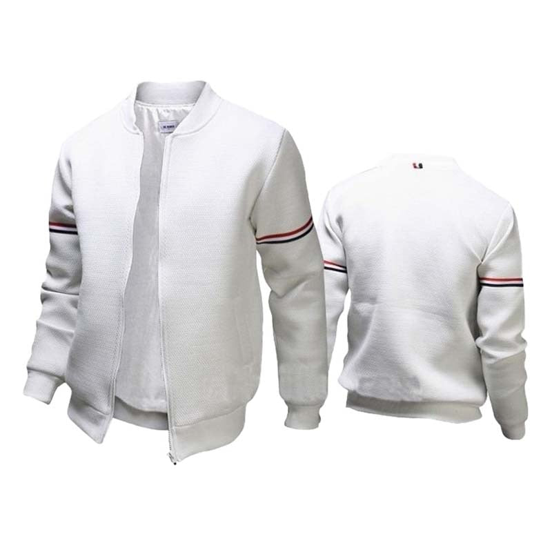 Weiße Bomberjacke Herren, Reißverschluss, gestreifte Ärmel, modisch, bequem, Baumwolle.