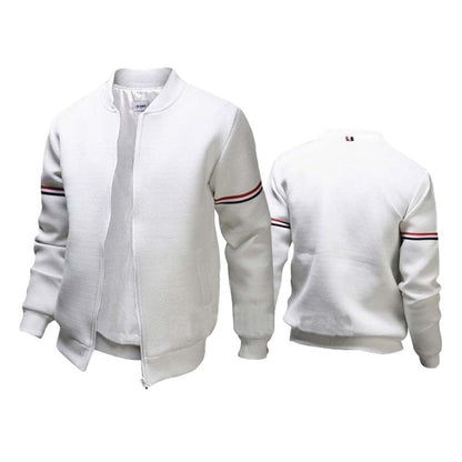 Weiße Bomberjacke Herren, Reißverschluss, gestreifte Ärmel, modisch, bequem, Baumwolle.