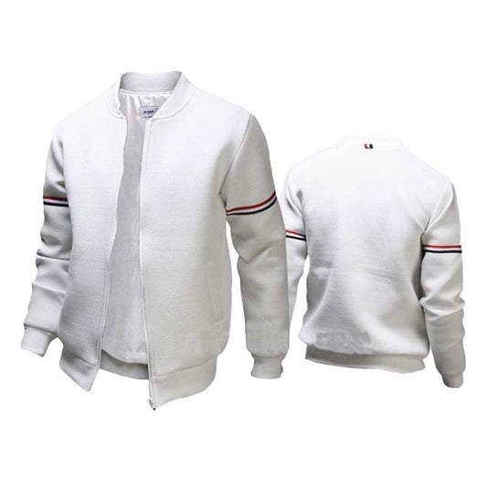 Weiße Bomberjacke Herren, Reißverschluss, gestreifte Ärmel, modisch, bequem, Baumwolle.