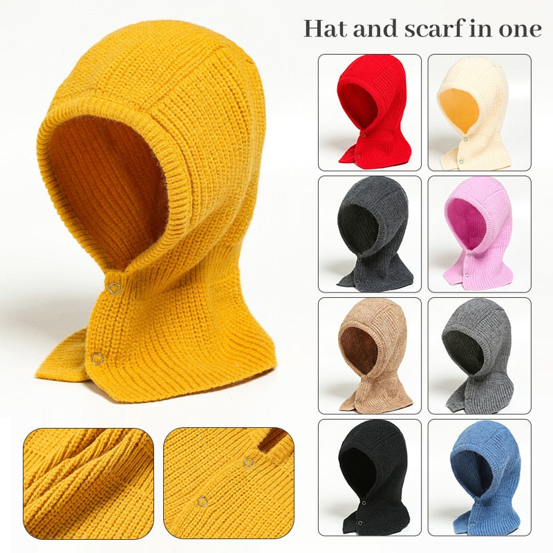 Gelbe Strickmütze mit Schal, Kapuze, Knöpfe, Unisex, Winteraccessoire, verschiedene Farben.