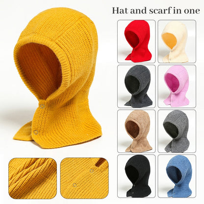 Gelbe Strickmütze mit Schal, Kapuze, Knöpfe, Unisex, Winteraccessoire, verschiedene Farben.