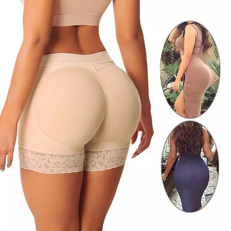 Damen Push-Up Shapewear Shorts, hautfarben, nahtlos, mit Spitze, figurformend, bequem.