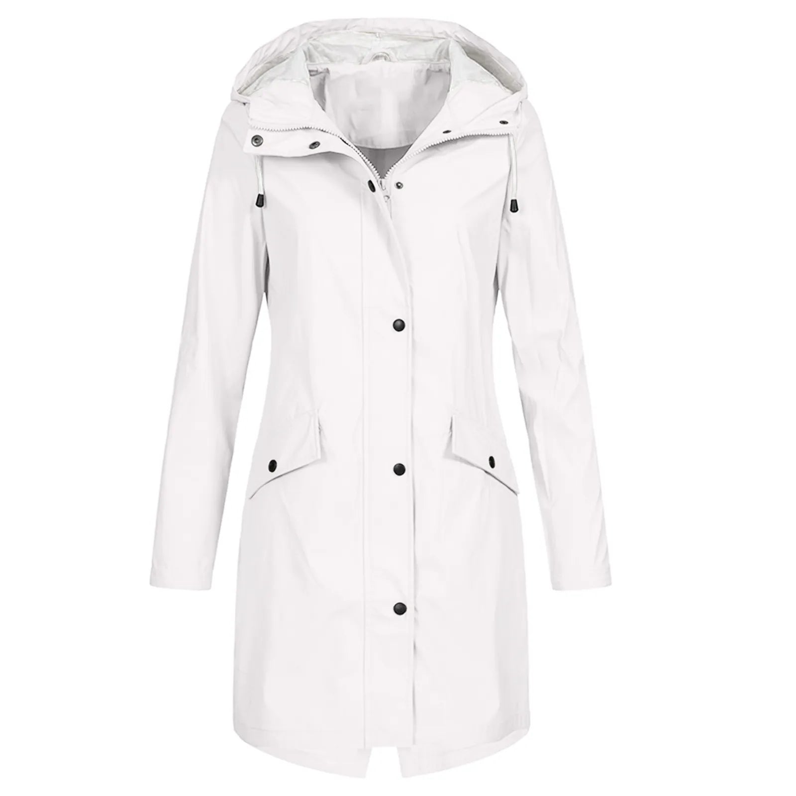 Weiße Damen-Regenjacke mit Kapuze, wasserdicht, modisch, funktional, Outdoor-Bekleidung.