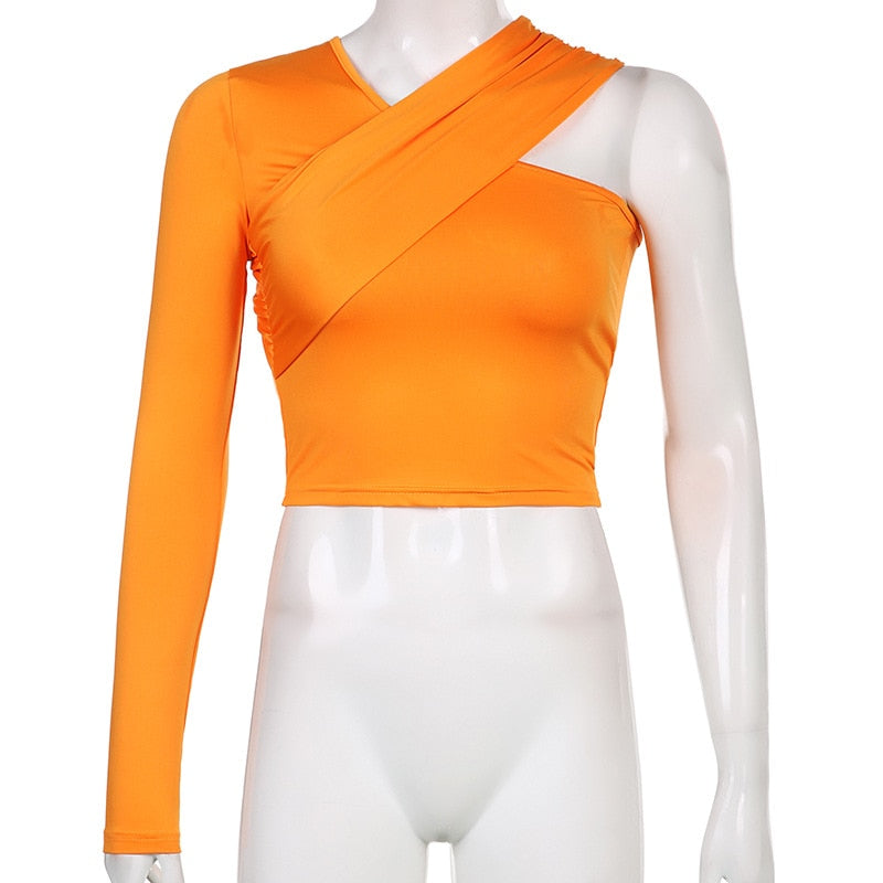 Orange asymmetrisches Damen-Oberteil, einarmig, modisch, aus Stretchmaterial.