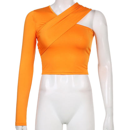 Orange asymmetrisches Damen-Oberteil, einarmig, modisch, aus Stretchmaterial.
