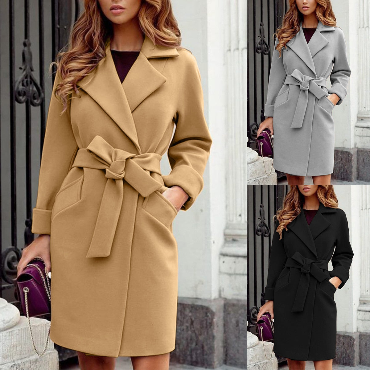 Damenmantel mit Gürtel, beige, grau, schwarz, eleganter Herbst-Wintermantel, Modebekleidung.
