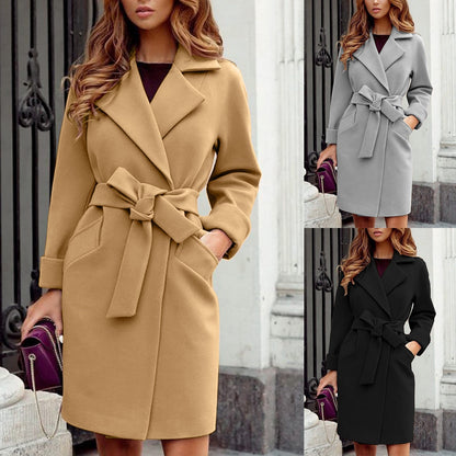 Damenmantel mit Gürtel, beige, grau, schwarz, eleganter Herbst-Wintermantel, Modebekleidung.