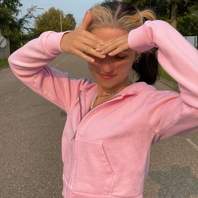 Höstig, trendig figurnära croppad zip-up-hoodie för dam med huva – Alina