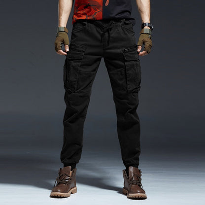 Schwarze Cargohose Herren, Baumwolle, Taschen, Outdoor, Freizeit, modisch, robust, bequem.