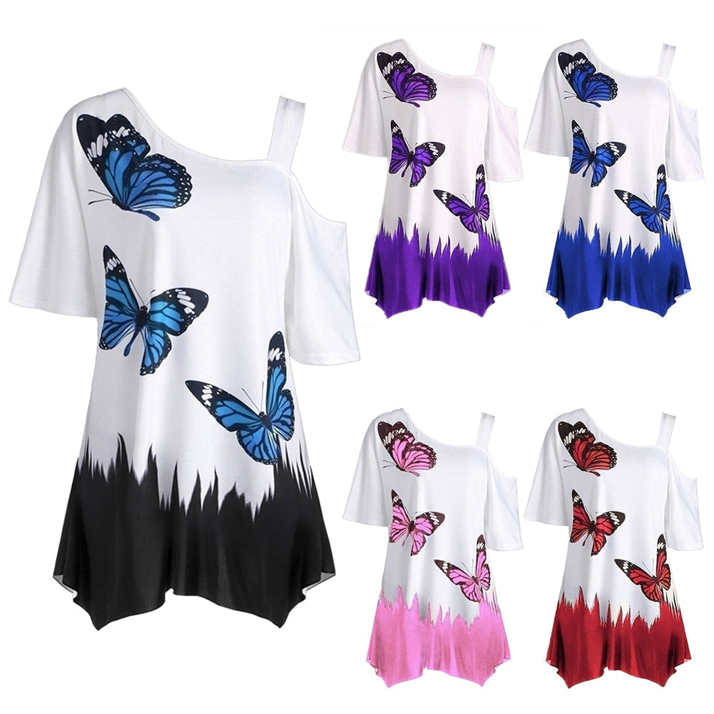 Damen T-Shirt mit Schmetterlingsdruck, asymmetrisch, in Weiß, Lila, Blau, Pink, Rot.