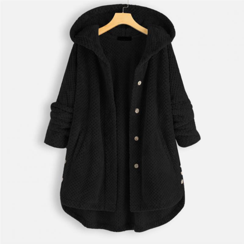 Schwarzer Damen-Fleece-Mantel mit Kapuze, Knöpfen, warm, modisch, Herbst-Winter-Bekleidung.