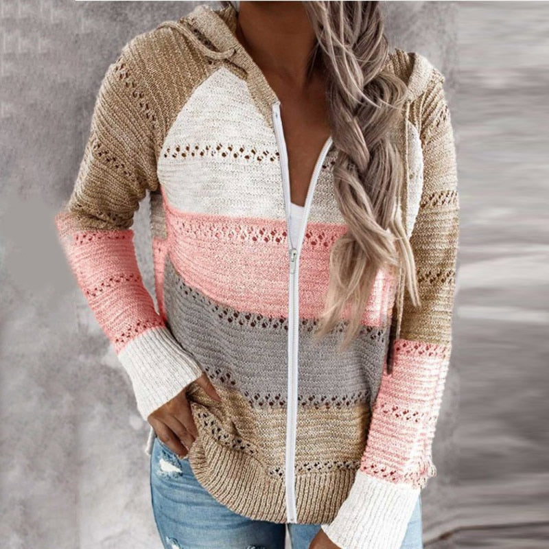 Damen Strickjacke mit Kapuze, mehrfarbig, Reißverschluss, lässig, Herbstmode, Baumwolle.