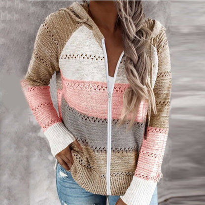 Damen Strickjacke mit Kapuze, mehrfarbig, Reißverschluss, lässig, Herbstmode, Baumwolle.