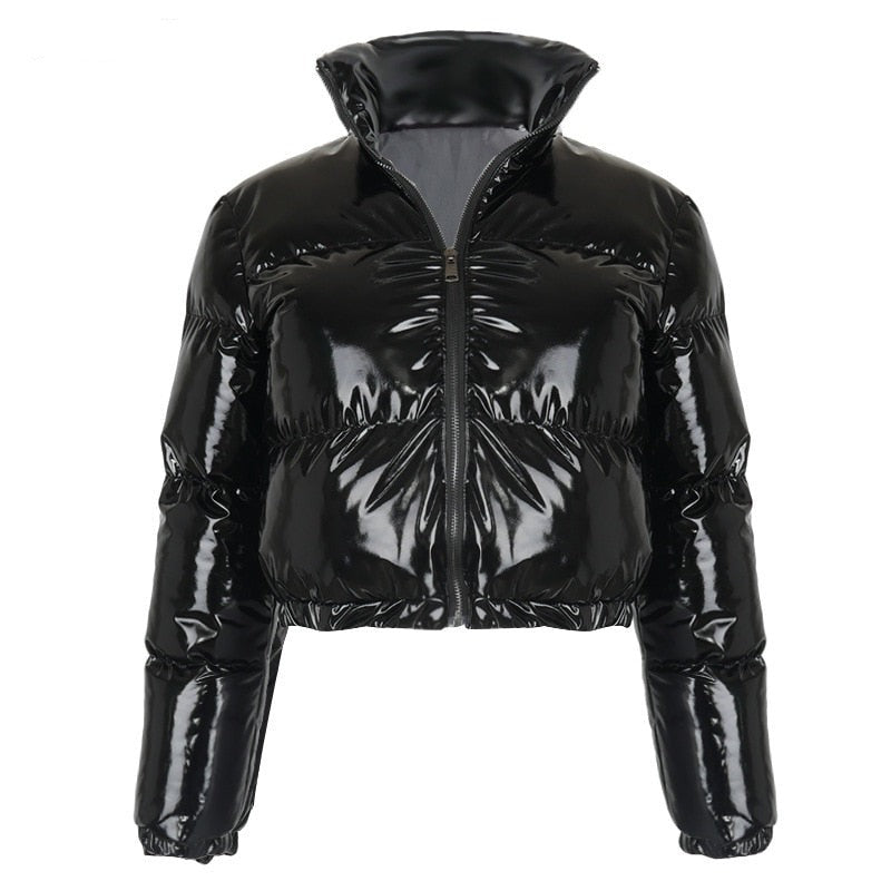Schwarze glänzende Damen-Daunenjacke, kurz, mit Reißverschluss, modisch, Winterbekleidung.