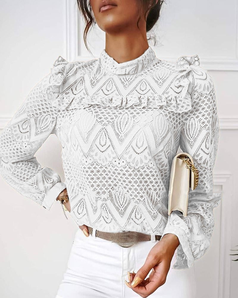 Damenbluse weiß Spitze Rüschen elegant langarm modisch Büro-Outfit