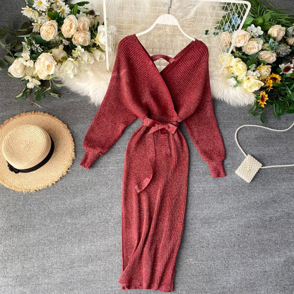 Rotes Strickkleid mit Gürtel, V-Ausschnitt, langärmelig, elegant, Damenmode, Blumenhintergrund.