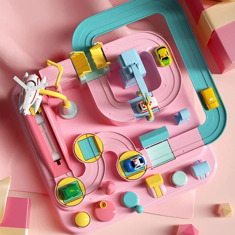 Spielzeug-Autobahn aus Kunststoff in Rosa und Blau mit Autos und Flugzeug, interaktives Kinderspielzeug.
