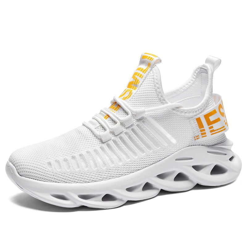 Weiße Sportschuhe mit gelber Schrift, atmungsaktives Mesh, modisches Design, Herren Sneaker.