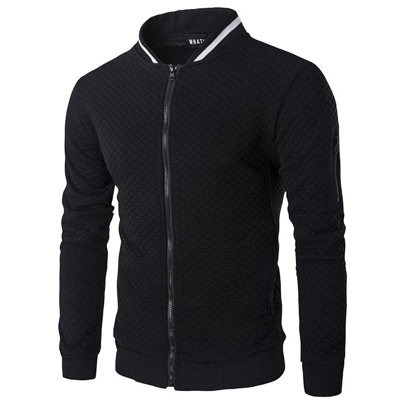 Schwarze Herren-Bomberjacke, gesteppter Stoff, Reißverschluss, modisch, lässig.