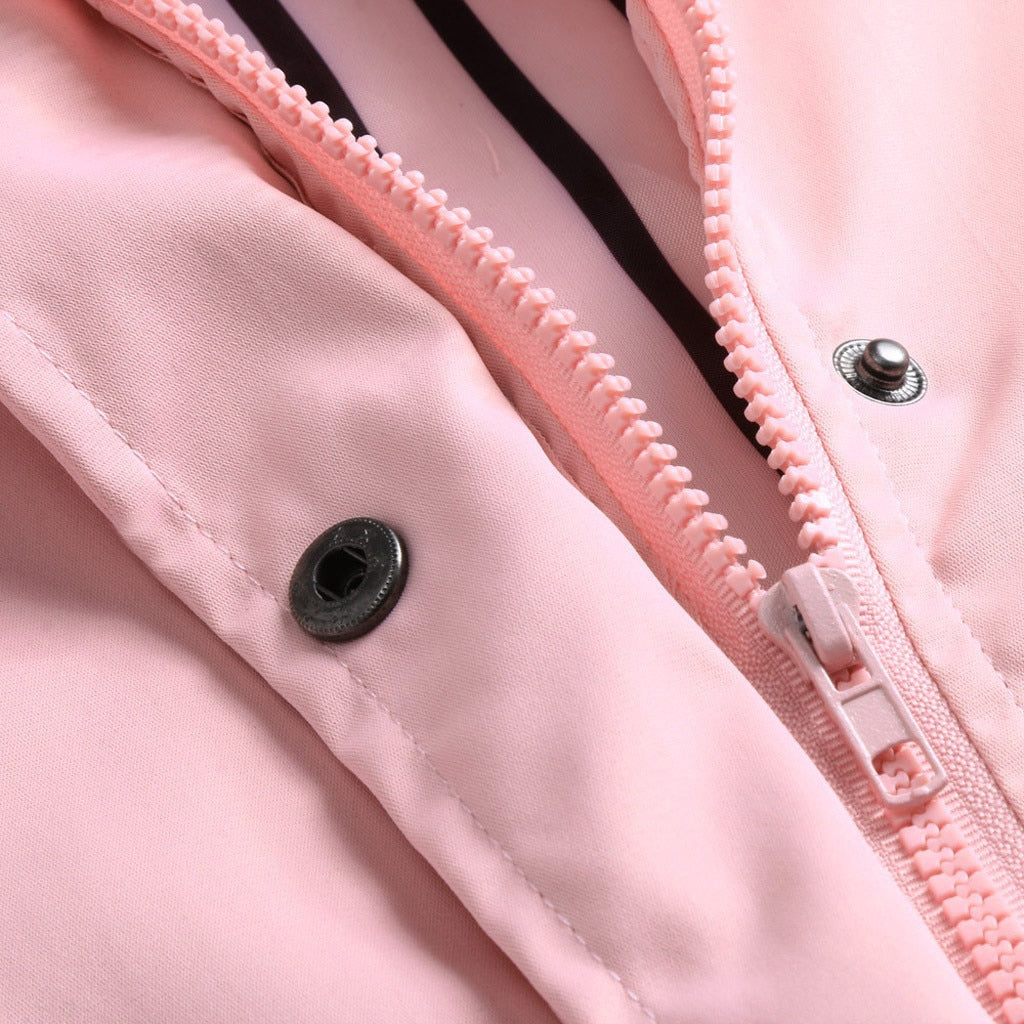 Rosa Damenjacke mit Reißverschluss und Druckknopf, modisch, wetterfest, Polyester.