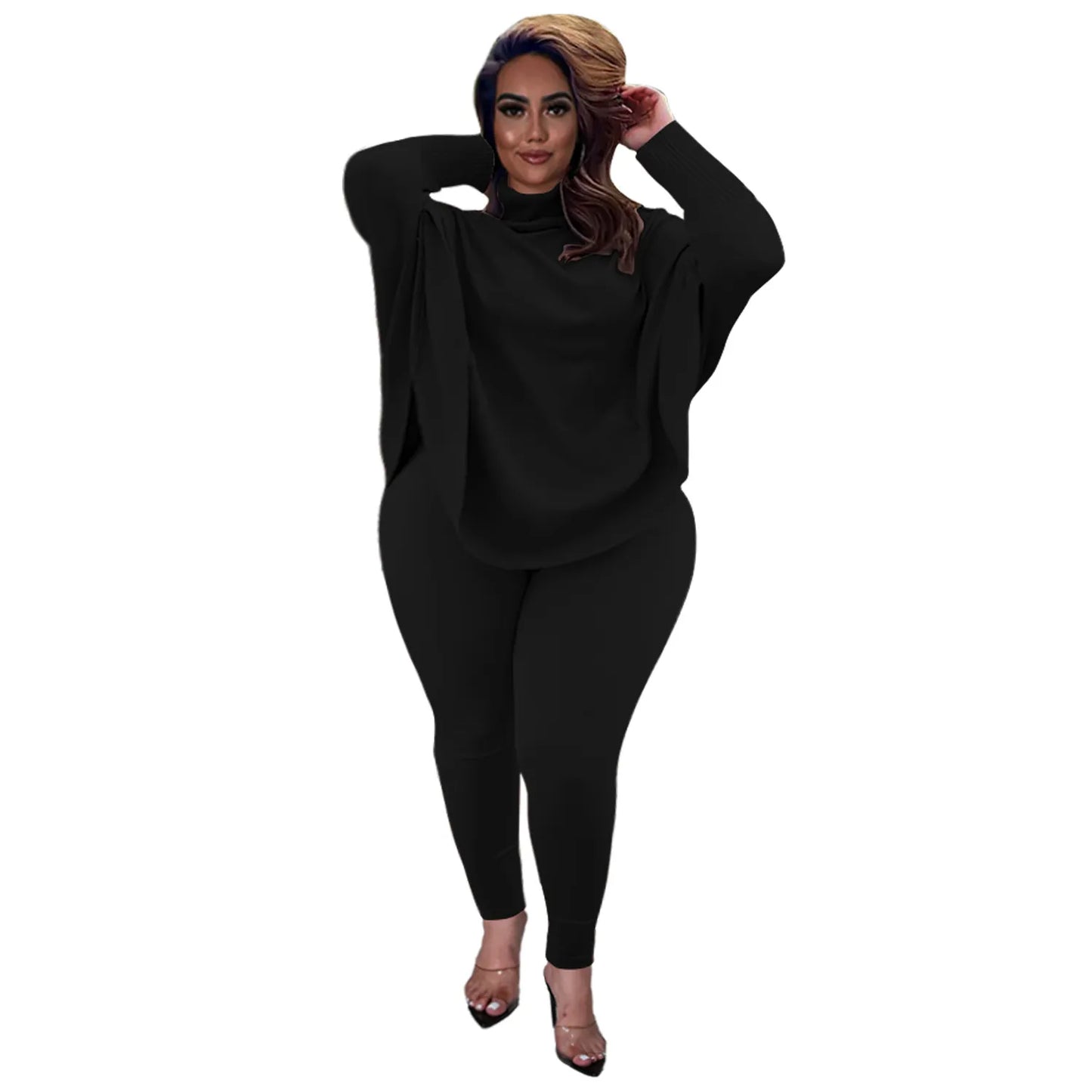 Damen-Set, schwarz, langärmelig, Plus-Size, elegantes Design, bequem, modisch.