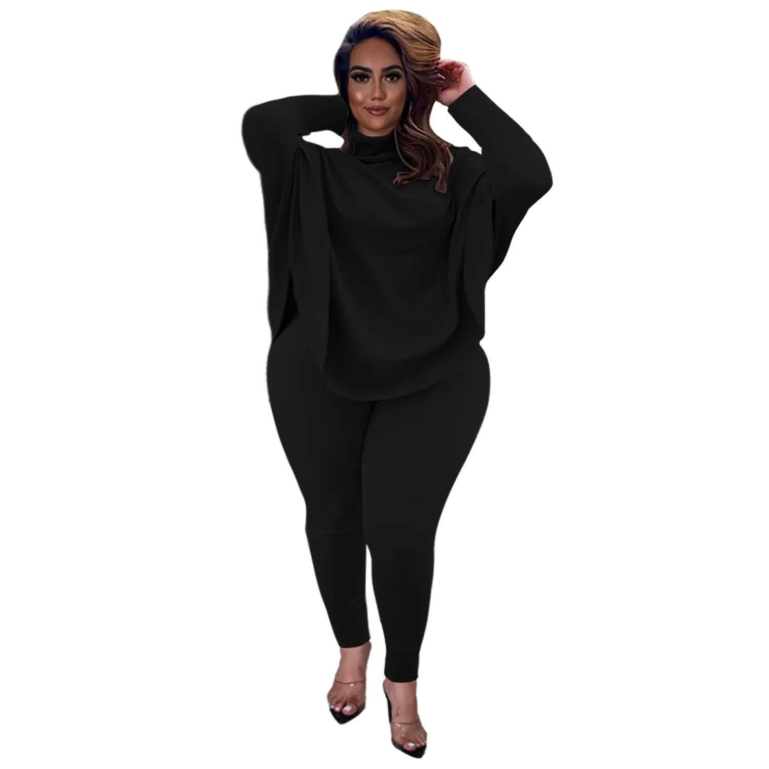 Damen-Set, schwarz, langärmelig, Plus-Size, elegantes Design, bequem, modisch.