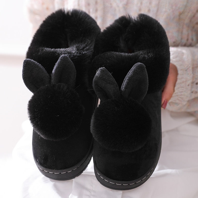 Schwarze Plüsch-Hausschuhe mit Hasenohren, Damen, warm, gemütlich, Wintermode.