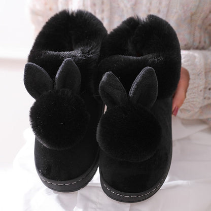 Schwarze Plüsch-Hausschuhe mit Hasenohren, Damen, warm, gemütlich, Wintermode.