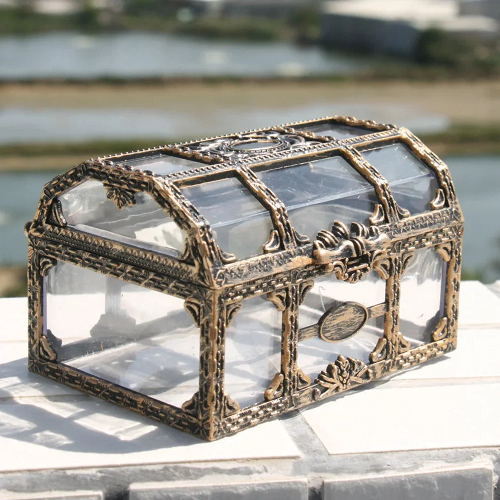 Antike Schmuckschatulle aus Glas und Metall, rechteckig, dekorativ, Vintage-Stil.