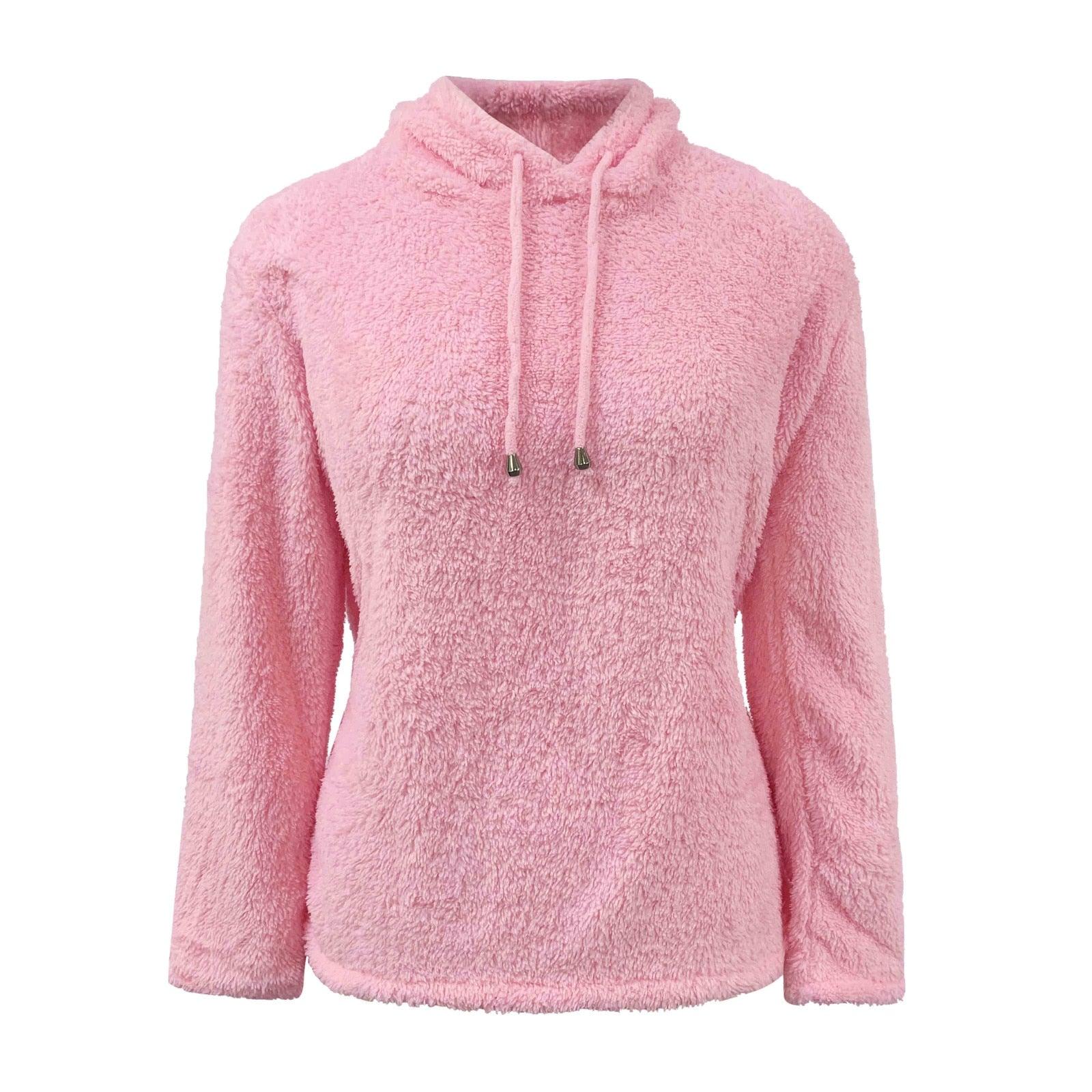Rosa Damen-Fleece-Hoodie, kuschelig, warm, langärmelig, Kapuze, Kordelzug, Freizeitmode.