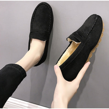 Schwarze Wildleder-Mokassins für Damen, rutschfeste Sohle, bequem, modisch.
