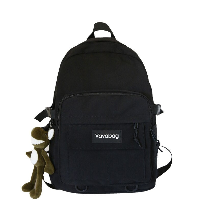 Schwarzer Rucksack mit Plüschanhänger, Vavabag-Logo, vielseitig, modisch, robust.