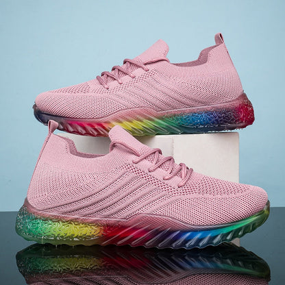 Rosa Sneaker mit Regenbogen-Sohle, atmungsaktives Mesh, modische Sportschuhe für Damen.