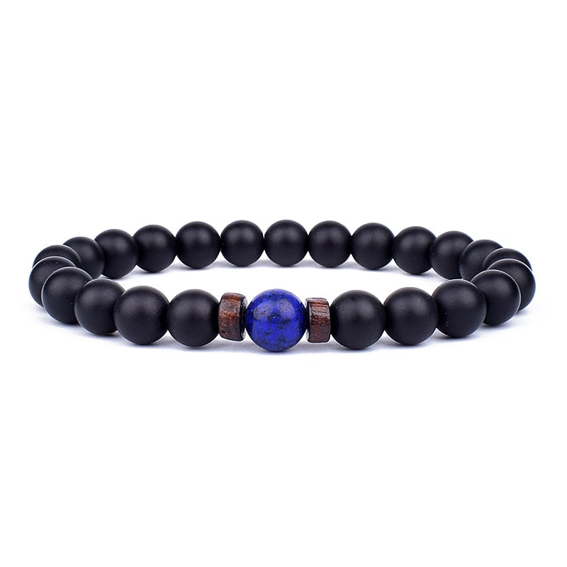 Schwarzes Onyx-Armband mit blauer Lapislazuli-Perle, elastisch, Unisex-Schmuck.