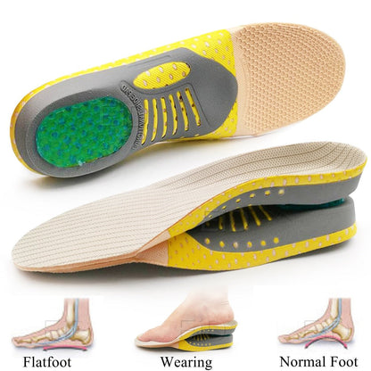 Gel-Einlegesohlen für flache Füße, gelb-grau, orthopädisch, Fußgewölbeunterstützung, Komfort.