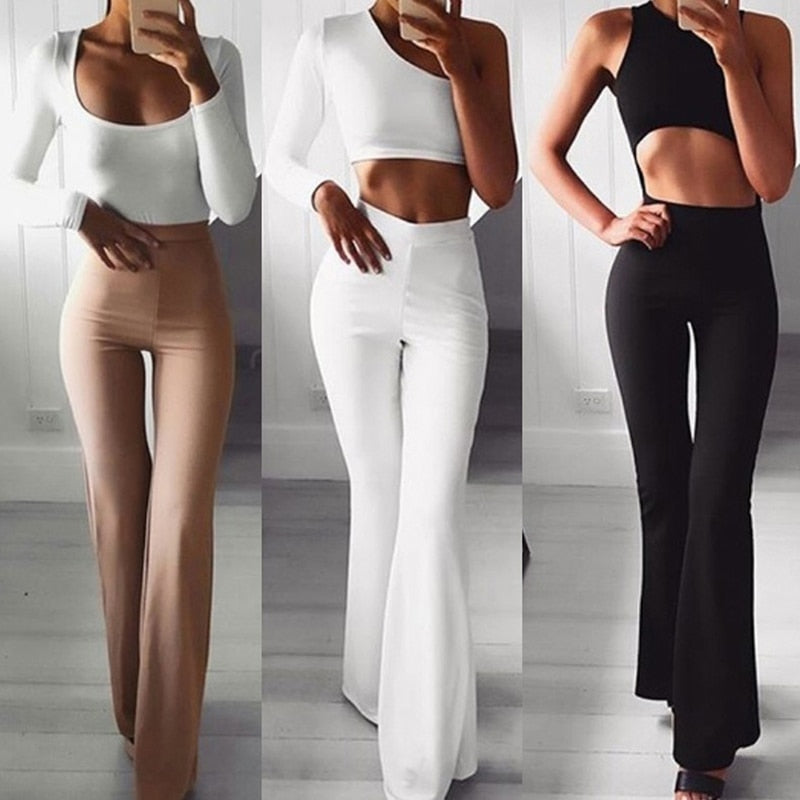 Damenmode Set: Langarm Crop-Top und Schlaghose, Weiß, Beige, Schwarz, Elegante Freizeitkleidung.