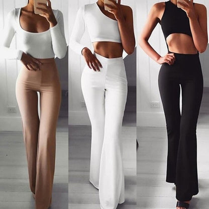 Damenmode Set: Langarm Crop-Top und Schlaghose, Weiß, Beige, Schwarz, Elegante Freizeitkleidung.