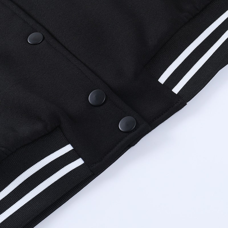 Schwarze Collegejacke mit weißen Streifen, Druckknöpfen, Unisex, modisch, Baumwolle.