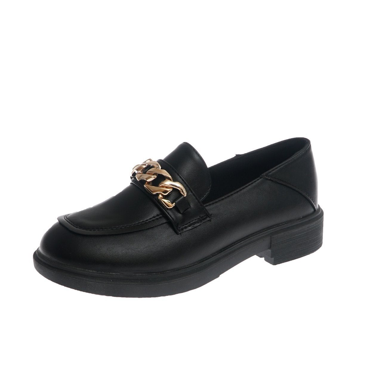 Schwarzer Damen-Loafer mit goldener Kette, eleganter Lederschuh, modisch und bequem.