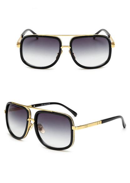 Schwarze Sonnenbrille mit goldenen Akzenten, UV-Schutz, modisches Accessoire für Herren.
