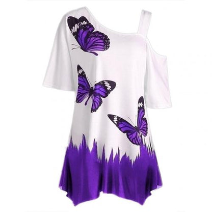 Weißes Damen-Shirt mit lila Schmetterlingen, asymmetrischer Schnitt, Sommermode.
