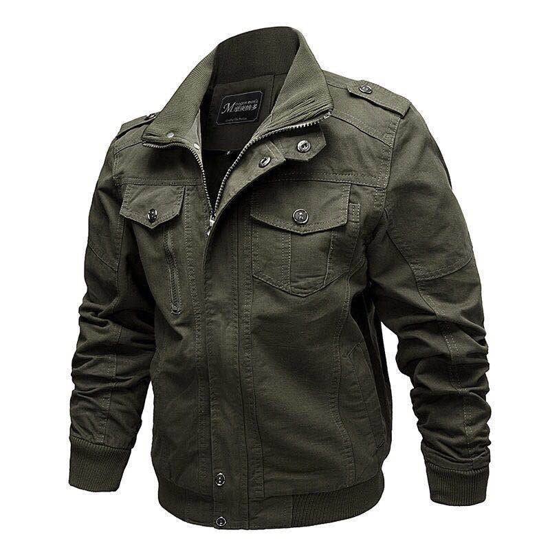 Olivgrüne Herrenjacke, Baumwolle, Reißverschluss, Knopftaschen, lässiger Stil.
