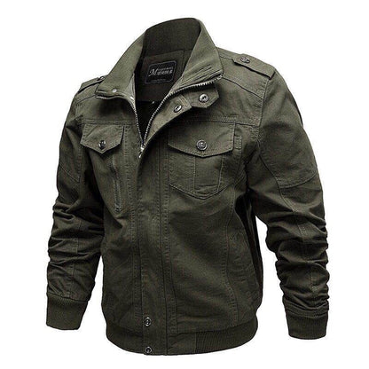 Olivgrüne Herrenjacke, Baumwolle, Reißverschluss, Knopftaschen, lässiger Stil.