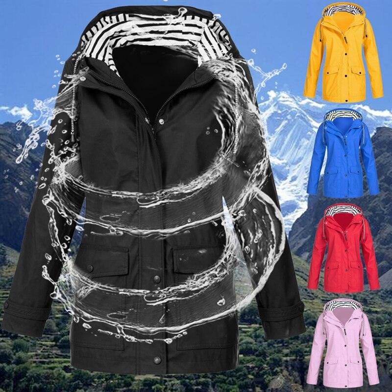 Wasserdichte Damenjacke, schwarz, mit Kapuze, Outdoor, Regenmantel, verschiedene Farben.