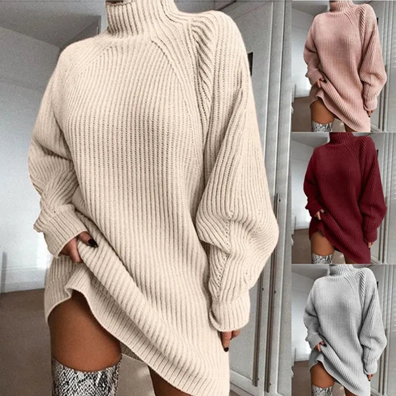Damen Strickpullover, beige, Rollkragen, lang, grob gestrickt, modisch, Herbst-Wintermode.