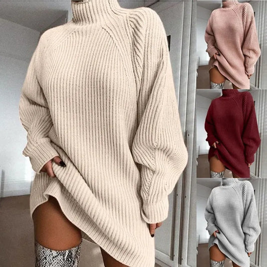 Damen Strickpullover, beige, Rollkragen, lang, grob gestrickt, modisch, Herbst-Wintermode.
